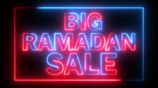 glowing neon red and blue color BIG RAMADAN SALE  text icon animation poster template signboard alphabet font letter word banner sign symbol seamless light cyber effect footage on black background