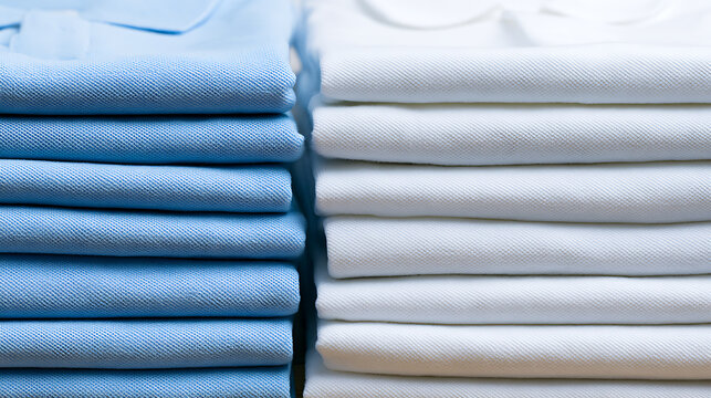 Neat stacks of folded cotton polo shirts in blue and white colors displayed inside a retail clothing store for customer shopping selection