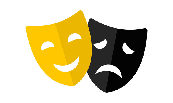 Dramatic theatrical comedy and tragedy masks in vivid yellow and deep black colors representing stage acting and classical performances for movie templates.