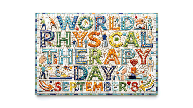  "WORLD PHYSICAL THERAPY DAY SEPTEMBER 8" are rendered as a vibrant quilt-like mosaic, each letter individually patterned with intricate motifs and embedded vignettes of people exercising or assisting