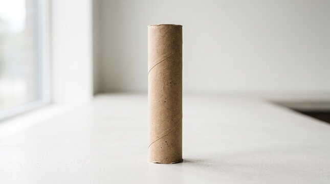 A single brown cardboard tube standing vertically on a clean, light surface. The texture of the recycled paper is visible, with soft natural lighting and a minimal, professional aesthetic. Photorealis