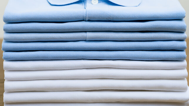 Neat stack of folded blue and white polo shirts on a wooden surface, showcasing clean laundry organization and casual wardrobe apparel style