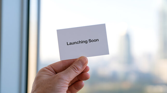 A hand holding a white paper card with the text launching soon printed on it against a blurred office window background view