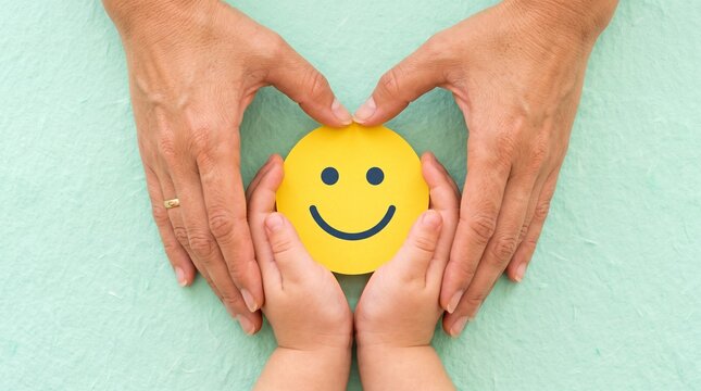 Yellow smiley face held by adult and child hands, happy family concept on green background, mental health and positivity symbol