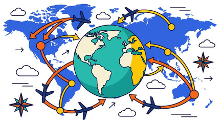 Global Flight Routes Illustration with World Map and Airplanes © Rnb