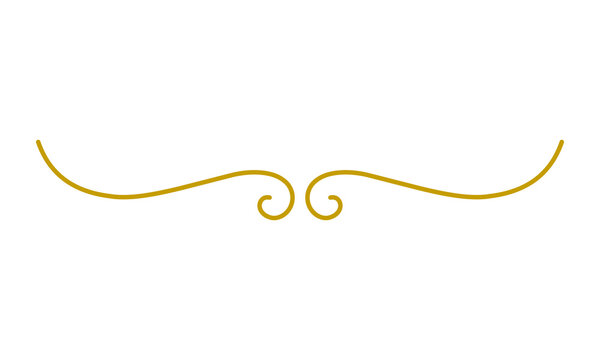 Elegant gold swirl divider line with curved artistic flourishes on white background for luxury invitation design and decorative typography header separation.