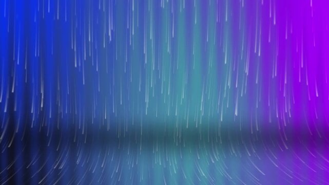 Vibrant neon gradient studio background loop with falling light rain streaks and reflective floor for virtual stage backdrops, music visualizers, award shows, and futuristic motion graphic overlays.