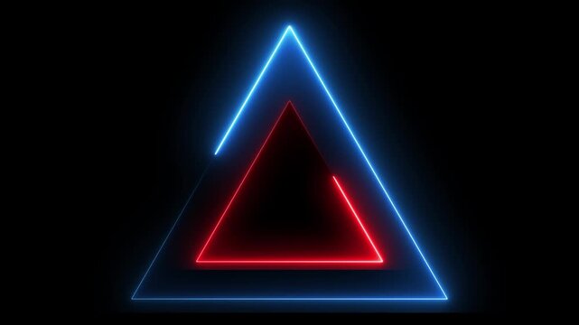 Glowing neon red and blue color triangle frame icon animation on black background