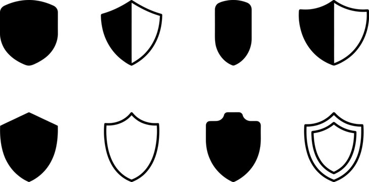 Collection of hand drawn shield icons in various shapes and styles on white background