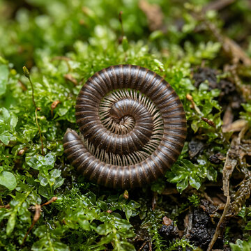 A curled millipede resting on lush green moss in the forest floor.