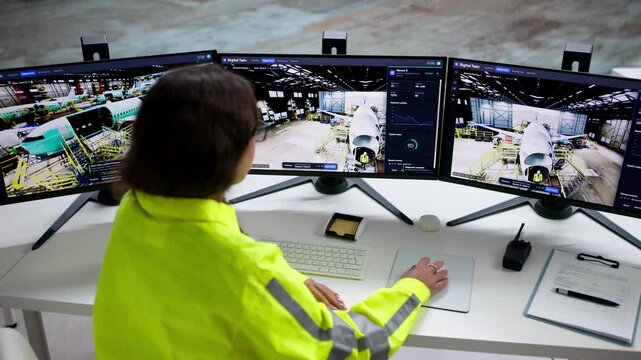 Female Aerospace Engineer Monitors Aircraft Engine Via 3D Simulation