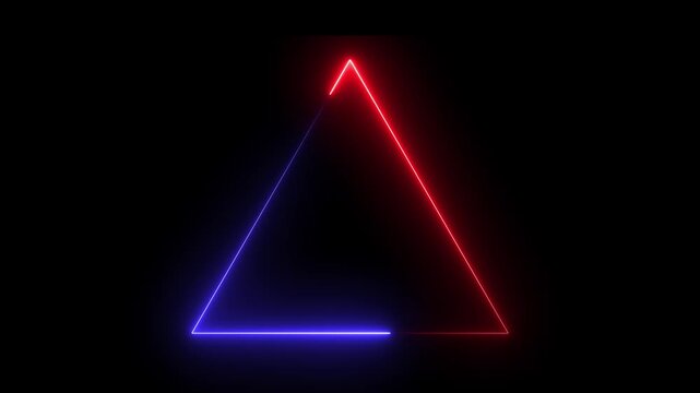 Glowing neon red and blue color triangle frame icon animation on black background