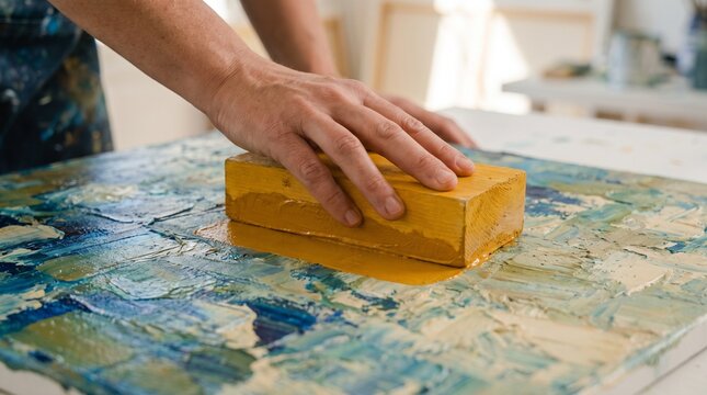 Artist hand using a yellow sponge to apply paint on a textured canvas in a bright art studio