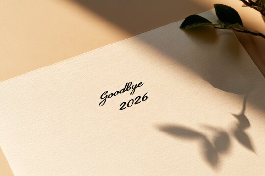 Elegant farewell note with the text "Goodbye 2026" printed in cursive on textured cream paper, accompanied by soft shadows and a green leaf accent