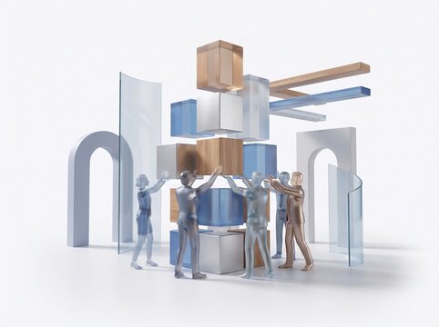Abstract 3D Illustration of Teamwork and Corporate Strategy with Figures Building a Structure