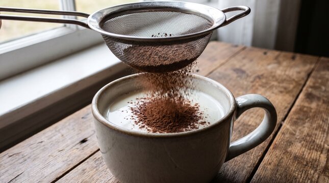 Cocoa powder being sifted through a metal mesh strainer into a ceramic mug of milk on a wooden table