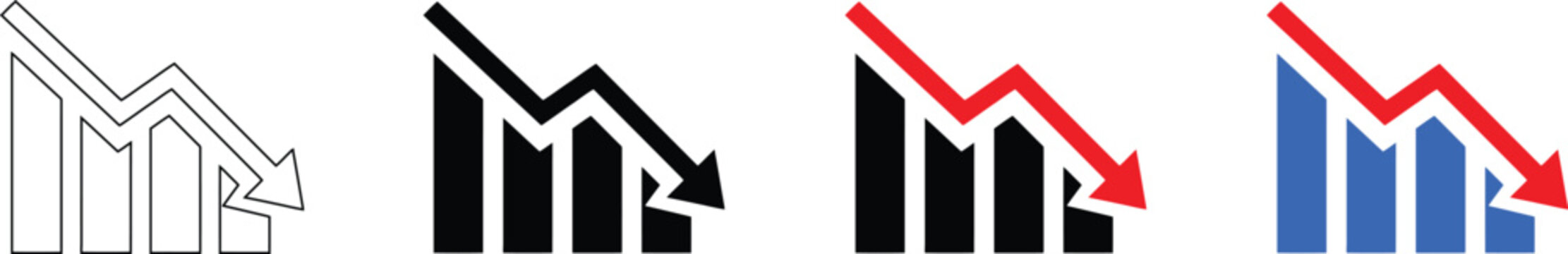 Financial downward trend chart in three styles on white background