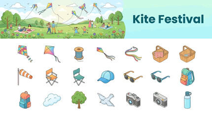 Fototapeta premium Isometric outdoor kite festival and picnic vector icon set with park scene