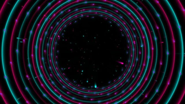 Futuristic neon tunnel of glowing blue and pink circular lights moving in a dark cosmic space