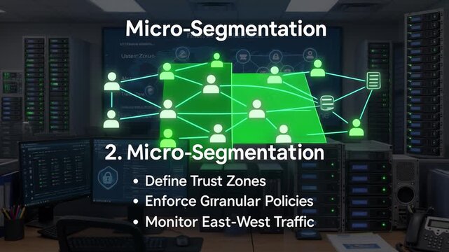 Conceptual network micro segmentation security slide with datacenter server room background