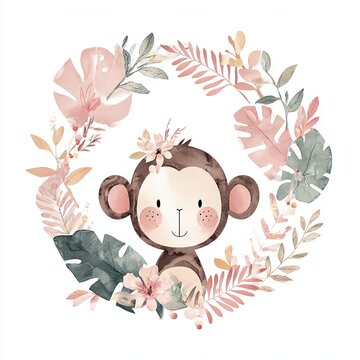 Cute baby monkey wreath. Tropical pink watercolor leaves. Boho nursery animal art print.