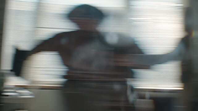 Colleagues shaking hands while dancing together during business meeting with glitch slit scan motion effect. Suitable for modern corporate transitions and tech commercial videos