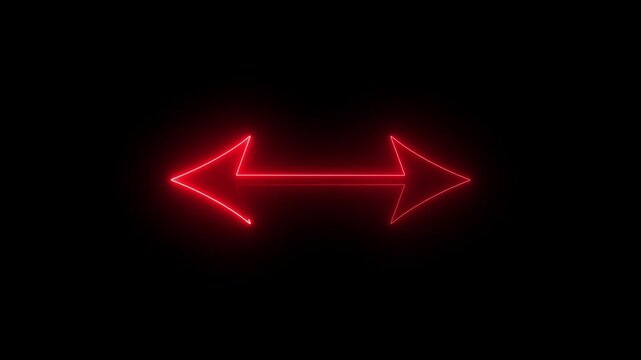 Glowing red neon double headed arrow sign isolated on a black background