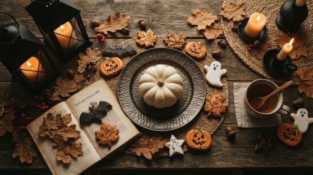 Halloween Night Ambiance: A dimly lit table adorned with autumnal leaves, flickering lanterns, spooky cookies, and a white pumpkin creates a mysterious and festive atmosphere for Halloween.
