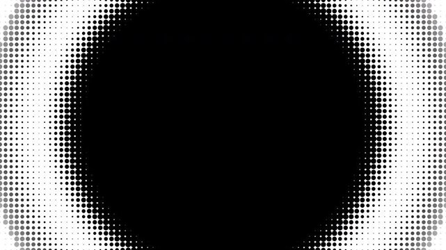Dynamic animated halftone dot circle expanding and contracting on a white background, modern graphic screen wipe, perfect for digital transitions, video intros and abstract overlays.