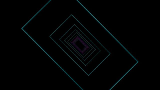 Abstract geometric tunnel with glowing neon rectangles on black background