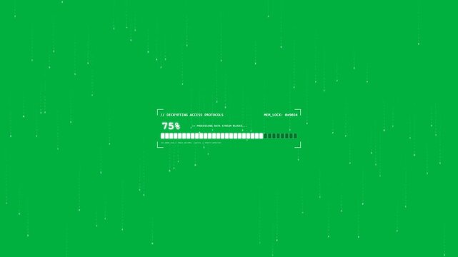 Futuristic matrix glitch loading screen animation with digital rain and progress bar on green screen 4K