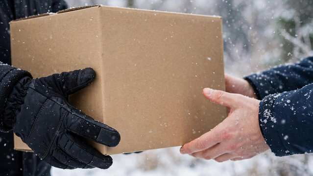 Delivery Person Handing Blank Parcel Box to Customer in Snowy Winter
