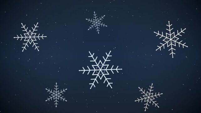 Modern Scandinavian minimalist winter loop with clean geometric line-art rotating snowflakes and gentle floating ice crystals on a frosty indigo slate background. 4K UHD aesthetic backdrop for minimal