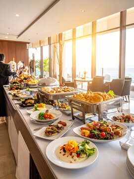 A lavish buffet spread with various dishes in a bright restaurant overlooking a scenic view, bathed in warm sunlight.