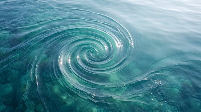 Aerial View Of Turquoise Ocean Whirlpool Swirl And Calm Water Surface With Spiral Motion
