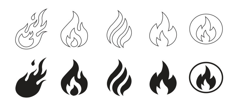 Set of fire flame icons vector silhouette and outline shapes for hot deal passion energy danger warning gas power heating symbol and logo design element