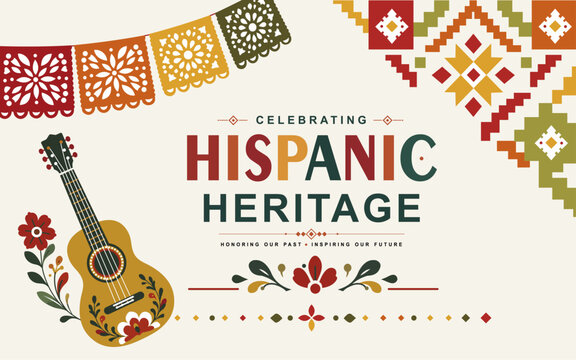 Hispanic Heritage celebration design featuring a traditional guitar, colorful folk patterns, floral ornaments, and cultural elements honoring Hispanic heritage and traditions.