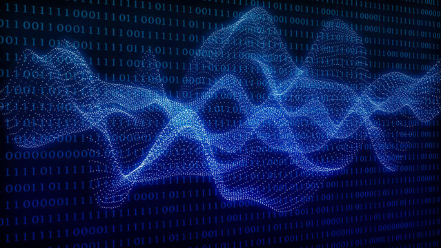 digital wave from nodes and dots isolated on binary code background, blue glowing algorithm wave, abstract concept illustration for data stream, ai, connectivity