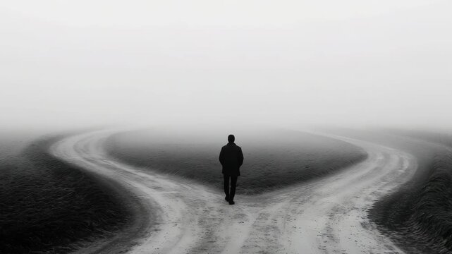 A person walks slowly at a fork in the road surrounded by thick fog in a rural setting at dusk