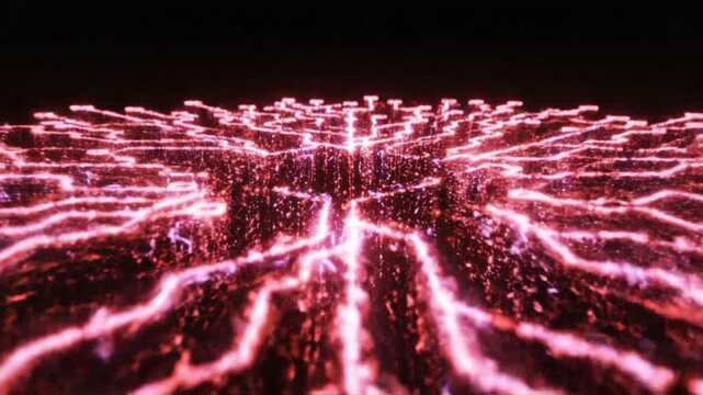 Abstract Digital Network Visualization with Glowing Pink Data Flowing Through a Complex Circuitry Grid