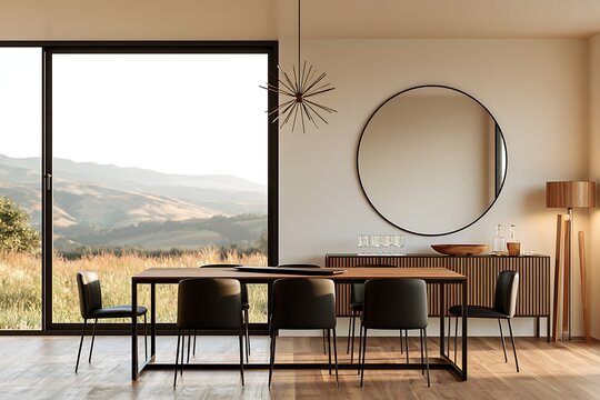 Contemporary dining room featuring a wooden table, sleek black chairs, a large round mirror, and a starburst chandelier with mountain views