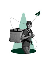 Obraz premium Vertical photo collage of happy girl postal worker carry backpack parcel eat shipment import service courier isolated on painted background