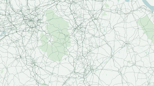 Modern minimalist vector map of Chesterfield, Derbyshire, UK. Scalable market town street grid, Crooked Spire church, River Rother, Queens Park, and Midland Main Line links for wall art posters.