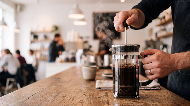 Barista Hand Pressing French Press Coffee Maker in Modern White Cafe with Copy Space, Coffee Shop Promotion Photography