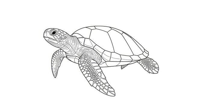 A detailed black and white line drawing of a sea turtle swimming gracefully through the water. The turtle has a textured shell and flippers, and its head is turned slightly to the side.
