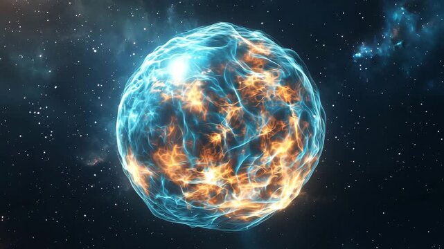 A glowing sphere moves through space, displaying vibrant colors and dynamic energy patterns in a cosmic environment