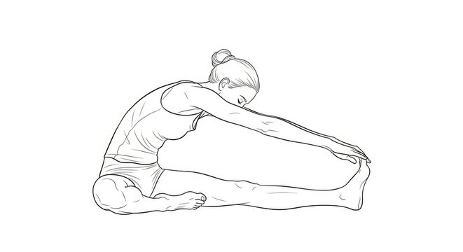 A woman performs a seated forward fold yoga pose. She is bending forward, reaching towards her toes with her hands.