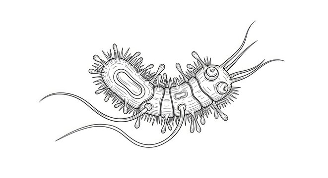 A detailed, black and white line drawing depicts a segmented worm, resembling a polychaete larva. The worm has a distinct head with prominent eyes and antennae.