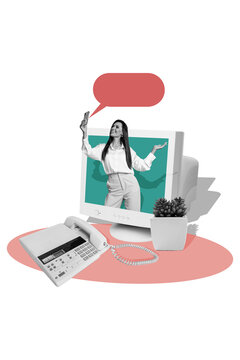 Vertical photo collage of happy girl hold iphone peek pc screen correspondence bubble sms office supplies isolated on painted background
