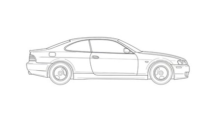 Naklejka premium A black and white line drawing depicts a white BMW 3 Series coupe. The car is shown in a side profile, highlighting its sleek design and aerodynamic shape.